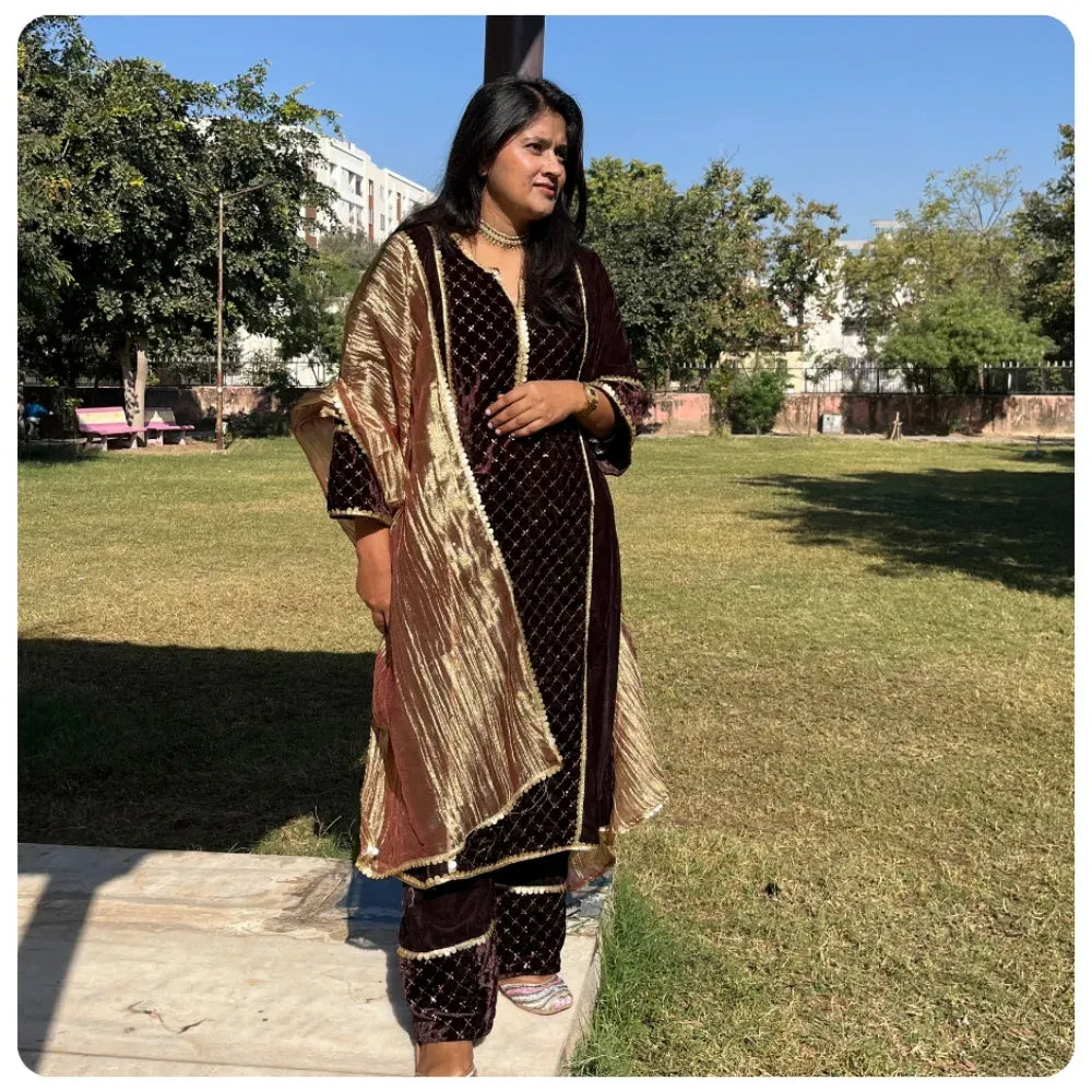 Coffee Brown Velvet Suit with Embroidery & Tissue Mesh Dupatta