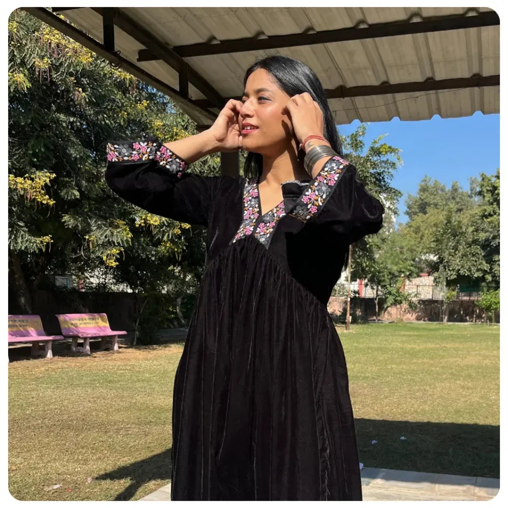 Black Alia Cut Suit with Embroidery & Organza Dupatta
