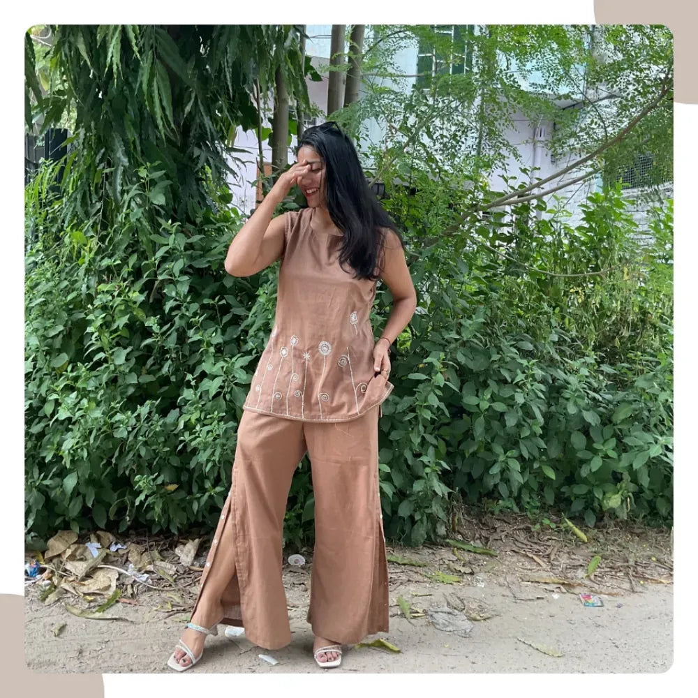 Milk Brown Cotton Flex Co-Ord Set – Short Kurti & Flare Pants