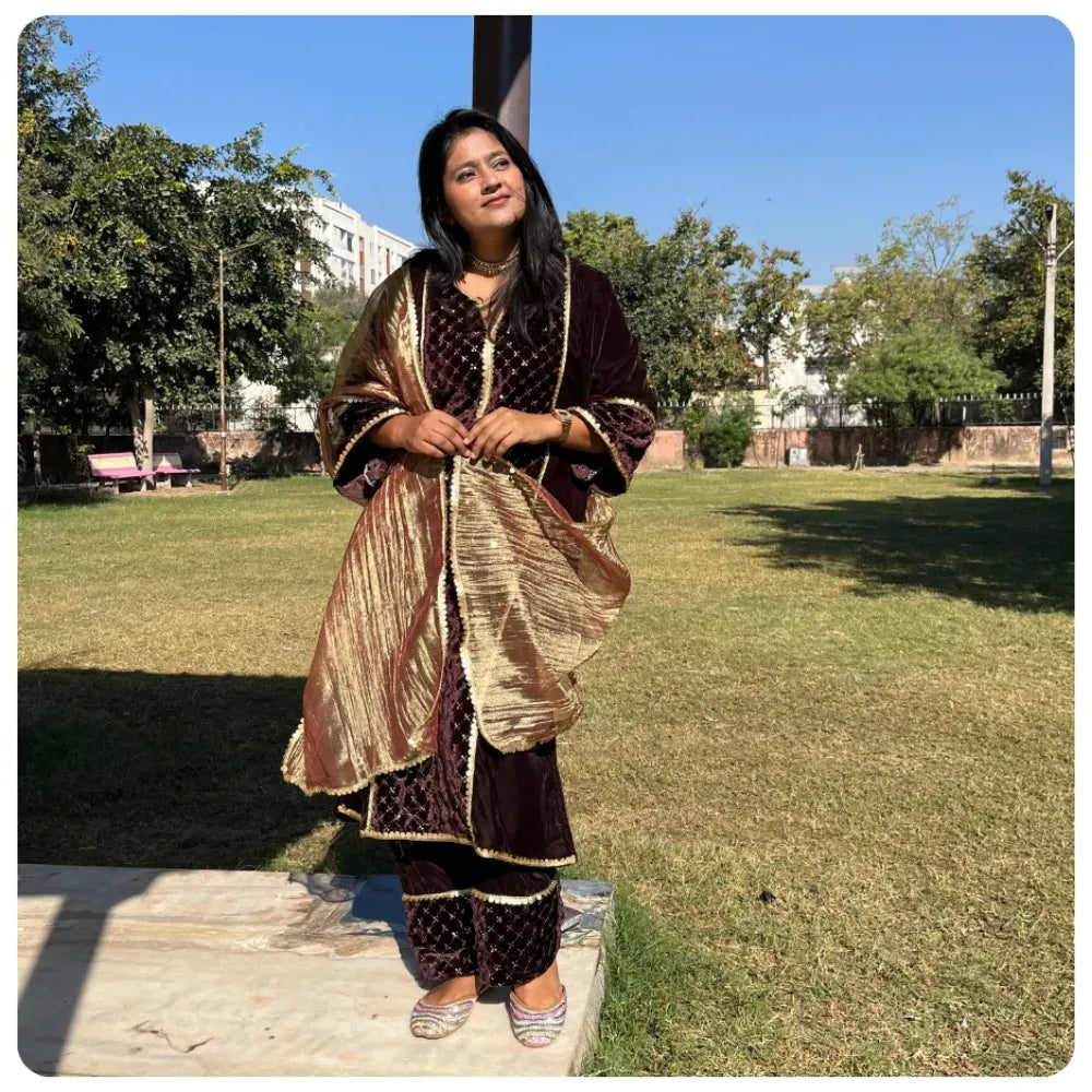 Coffee Brown Velvet Suit with Embroidery & Tissue Mesh Dupatta