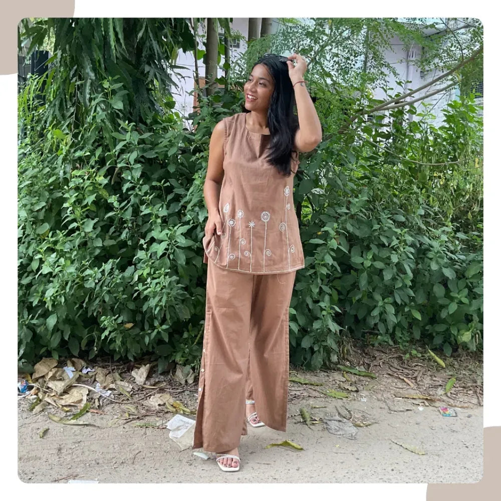 Milk Brown Cotton Flex Co-Ord Set – Short Kurti & Flare Pants