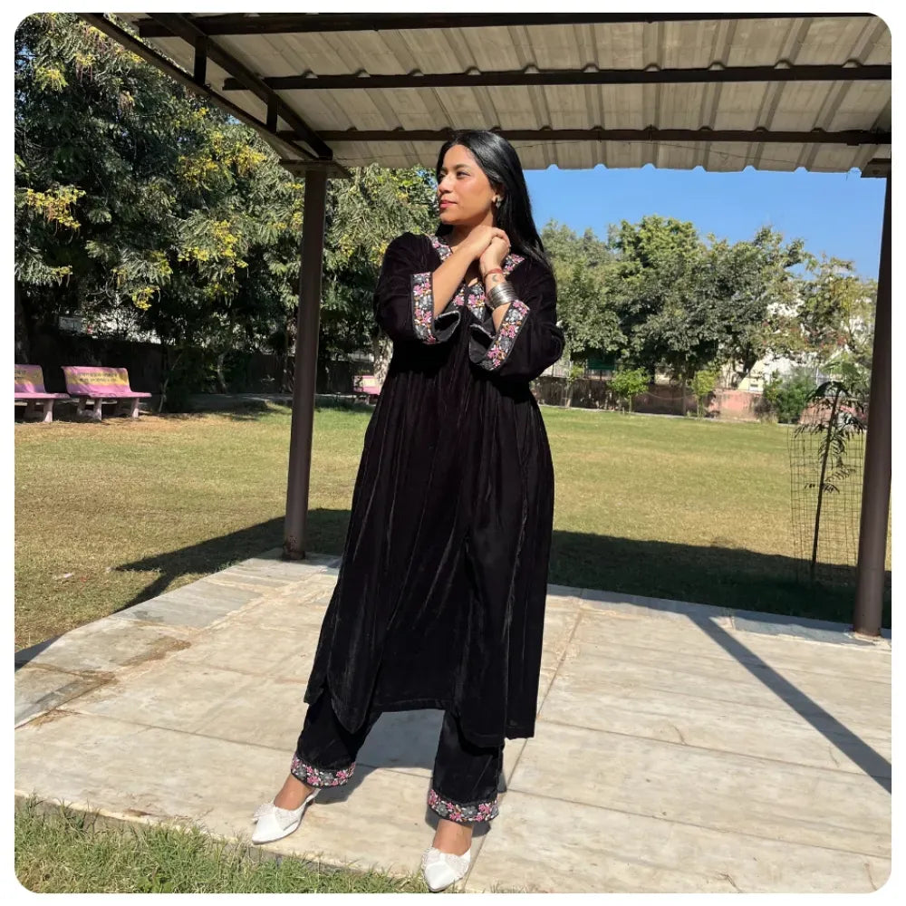 Black Alia Cut Suit with Embroidery & Organza Dupatta