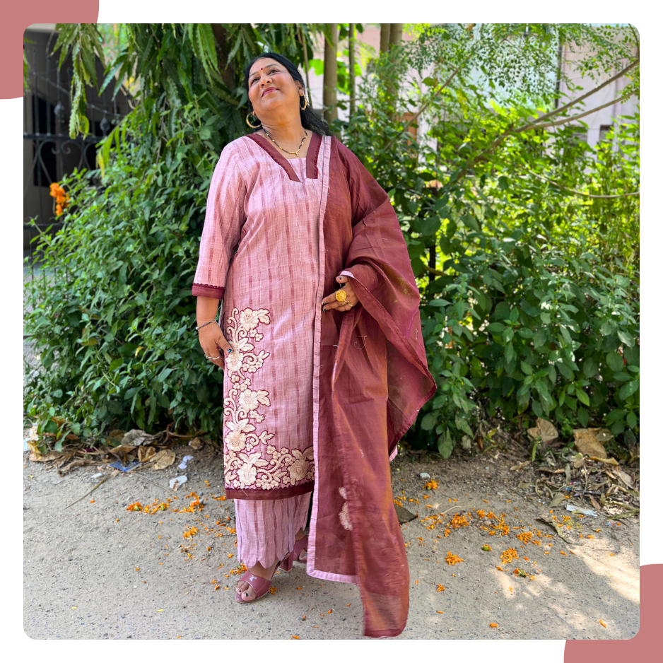 Old Rose South Cotton Lurex Kurta Set with Lace Embroidery