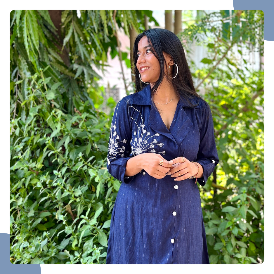 Navy Blue South Cotton Lurex Co-Ord Set with Abstract Embroidery
