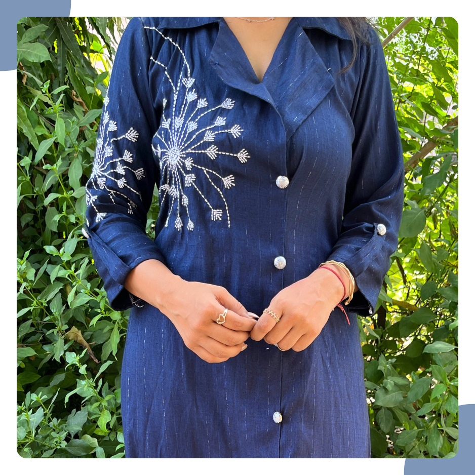Navy Blue South Cotton Lurex Co-Ord Set with Abstract Embroidery