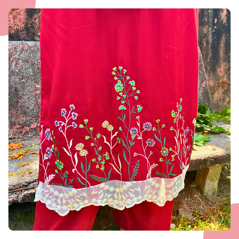 Poppy Red Rayon Dobby Kurta Set with Lace & Floral Embroidery