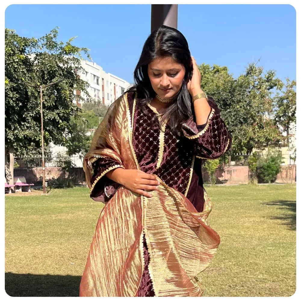 Coffee Brown Velvet Suit with Embroidery & Tissue Mesh Dupatta