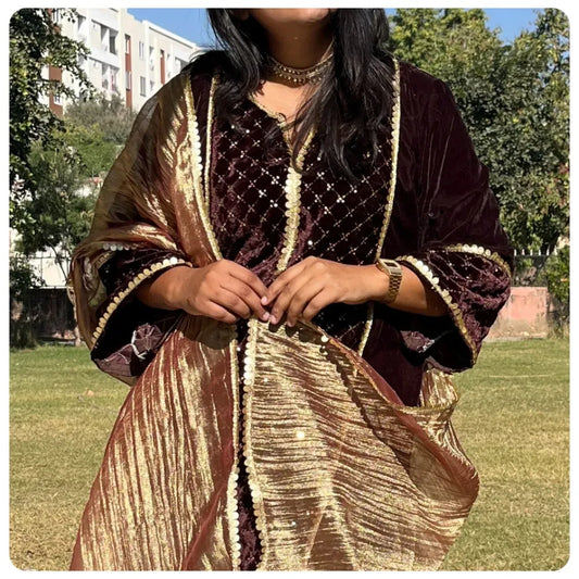 Coffee Brown Velvet Suit with Embroidery & Tissue Mesh Dupatta