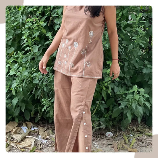 Milk Brown Cotton Flex Co-Ord Set – Short Kurti & Flare Pants