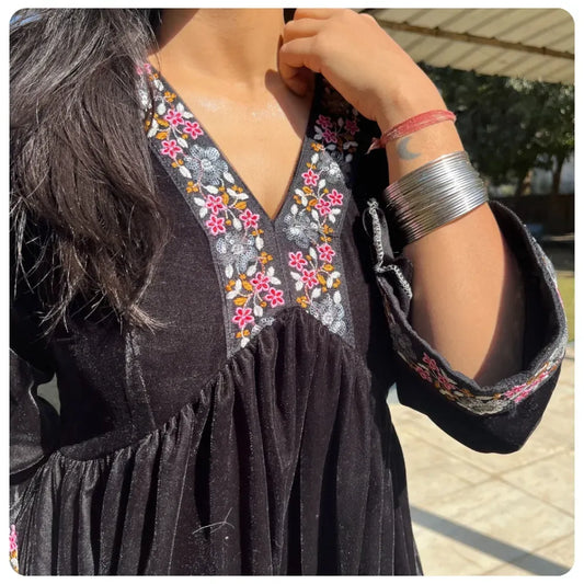 Black Alia Cut Suit with Embroidery & Organza Dupatta