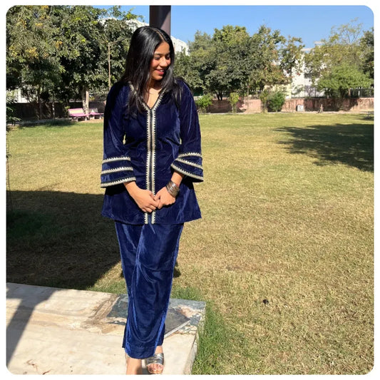Navy Blue Velvet Suit with A-Line Jacket Kurti