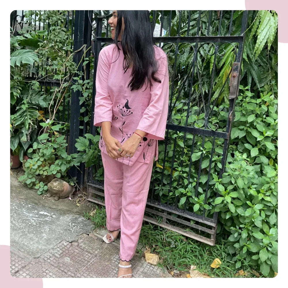Blush Pink Cotton Flex Co-Ord Set – Short Kurti & Pants