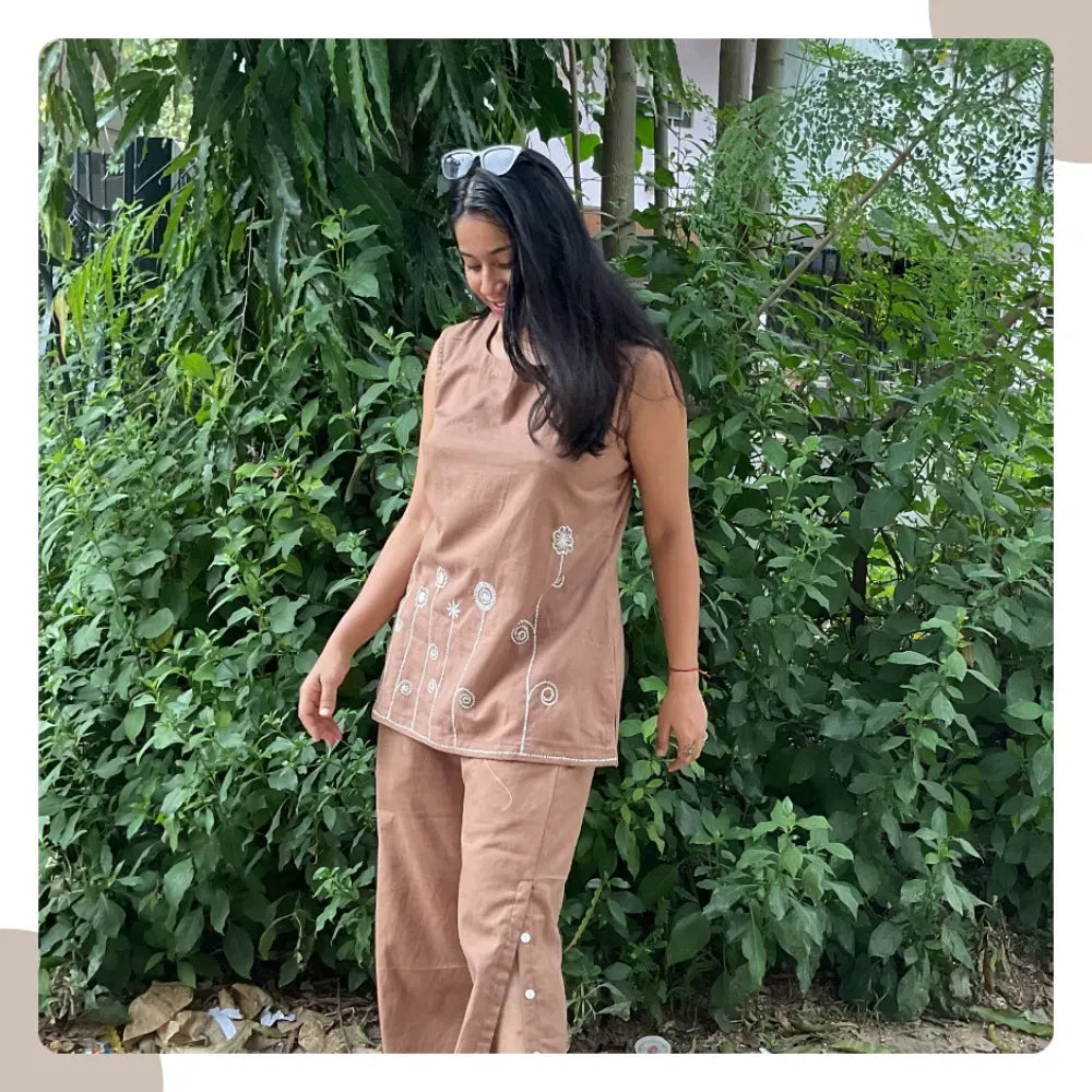 Milk Brown Cotton Flex Co-Ord Set – Short Kurti & Flare Pants