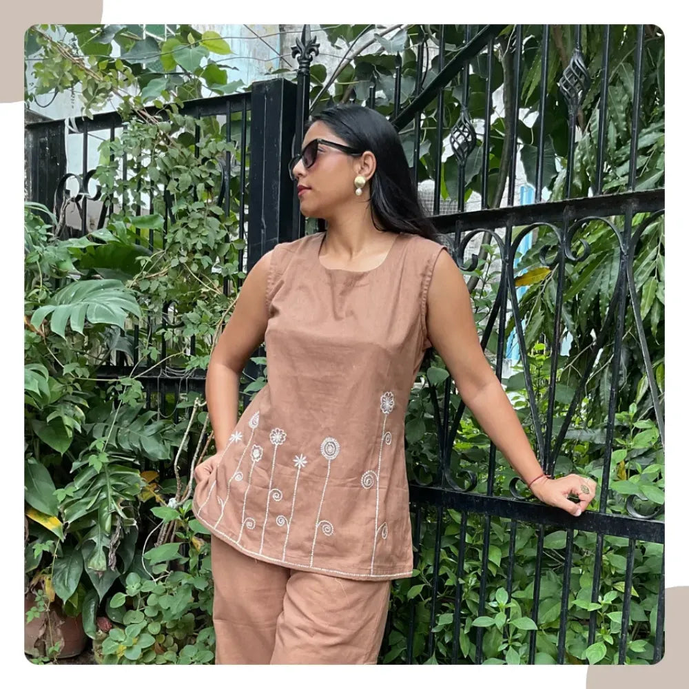 Milk Brown Cotton Flex Co-Ord Set – Short Kurti & Flare Pants