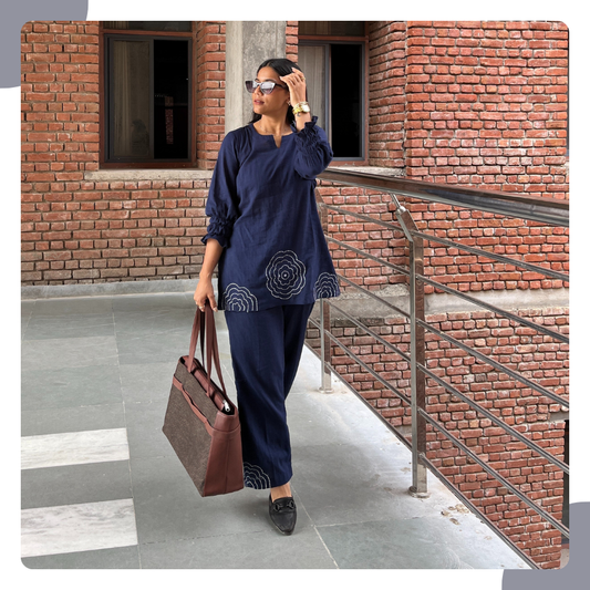 Navy Blue Cotton Flex Co-Ord Set – Abstract Embroidery