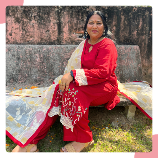 Poppy Red Rayon Dobby Kurta Set with Lace & Floral Embroidery