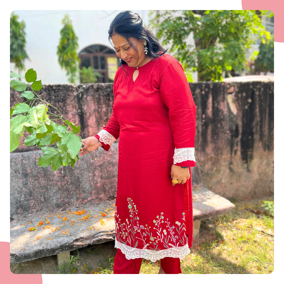 Poppy Red Rayon Dobby Kurta Set with Lace & Floral Embroidery