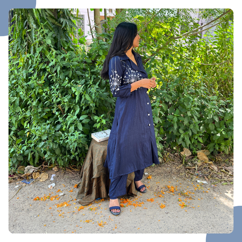Navy Blue South Cotton Lurex Co-Ord Set with Abstract Embroidery