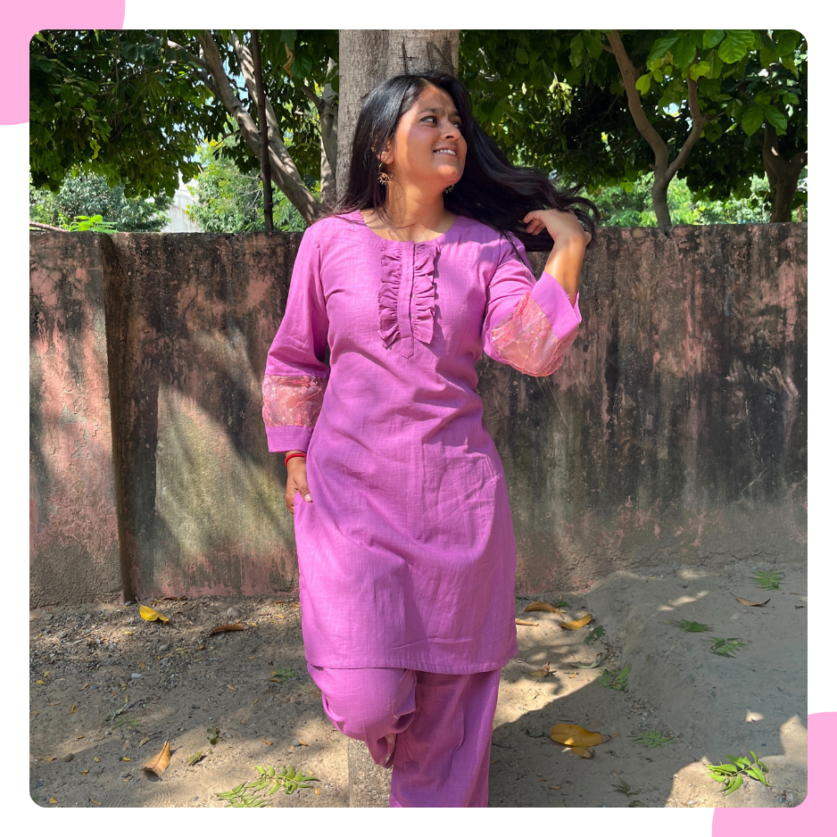Soft Mauve Cotton Flex Co-ord Set with Crochet Lace Detailing