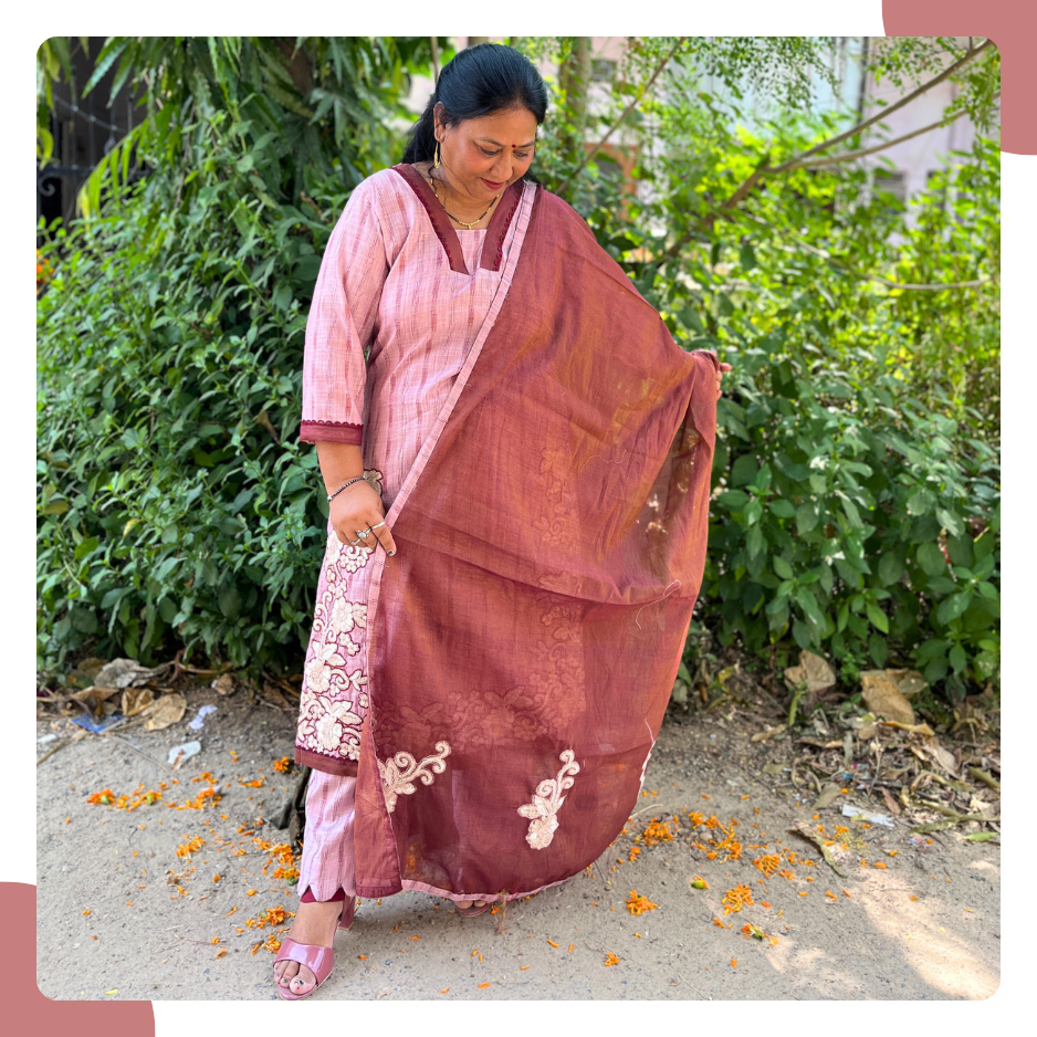 Old Rose South Cotton Lurex Kurta Set with Lace Embroidery