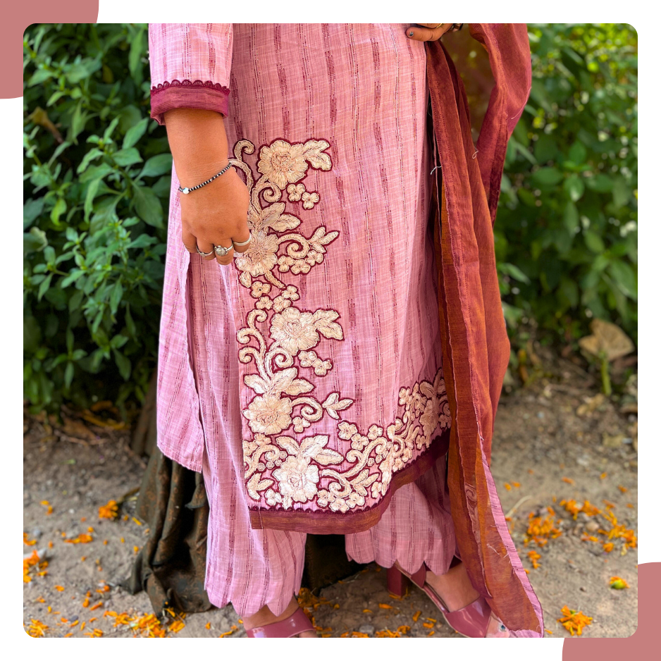 Old Rose South Cotton Lurex Kurta Set with Lace Embroidery