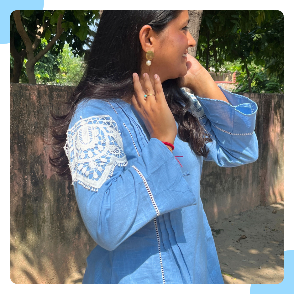 Pale Blue Cotton Flex Co-ord Set with Crochet Lace Detailing